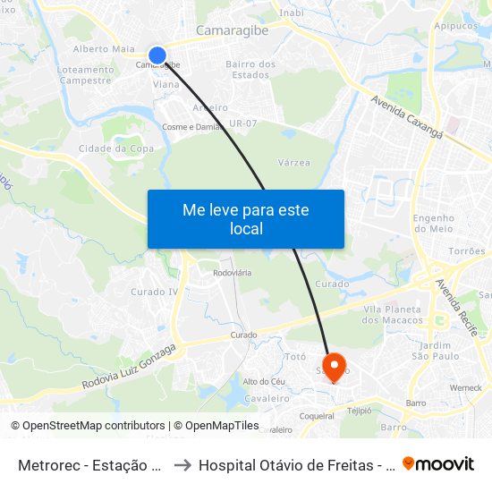 Metrorec - Estação Camaragibe to Hospital Otávio de Freitas - Clínica Médica map