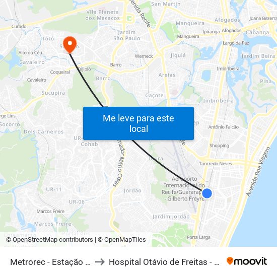 Metrorec - Estação Aeroporto to Hospital Otávio de Freitas - Clínica Médica map