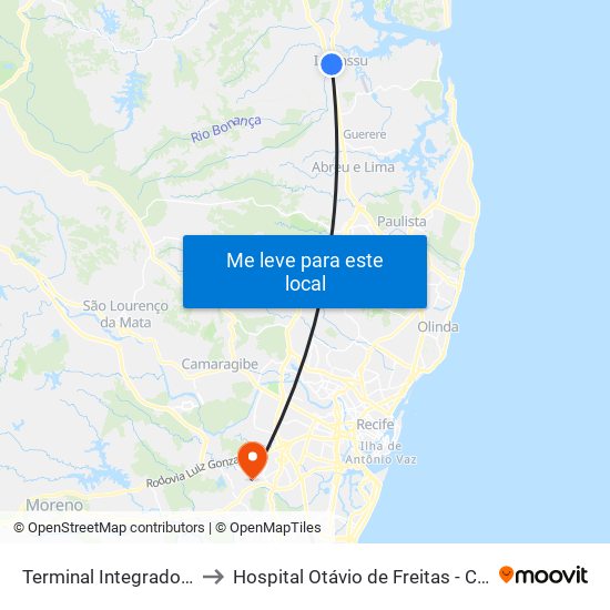 Terminal Integrado Igarassu to Hospital Otávio de Freitas - Clínica Médica map