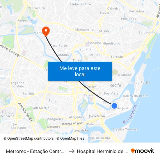 Metrorec - Estação Central Recife to Hospital Hermínio de Morais map