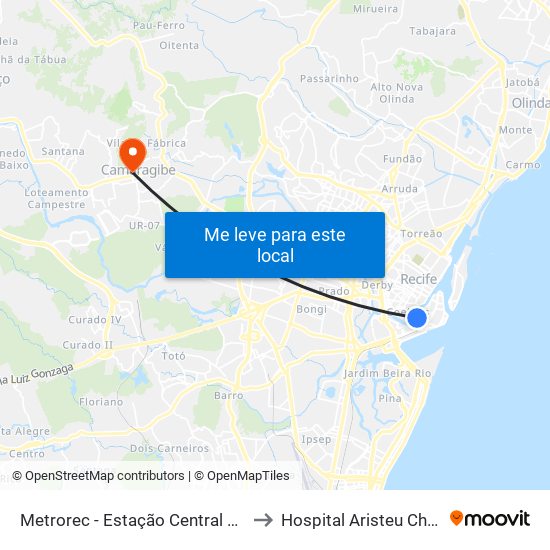 Metrorec - Estação Central Recife to Hospital Aristeu Chaves map