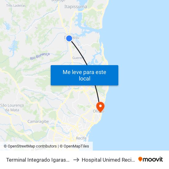 Terminal Integrado Igarassu to Hospital Unimed Recife map