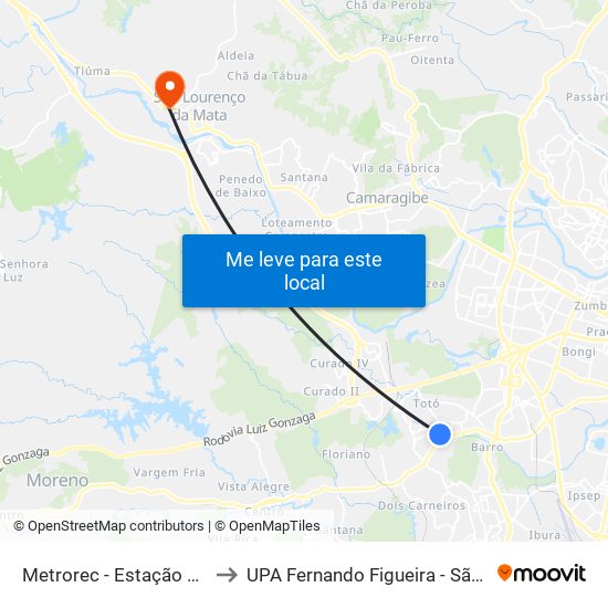 Metrorec - Estação Coqueiral to UPA Fernando Figueira - São Lourenço map