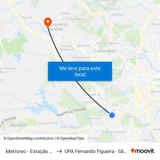 Metrorec - Estação Cavaleiro to UPA Fernando Figueira - São Lourenço map