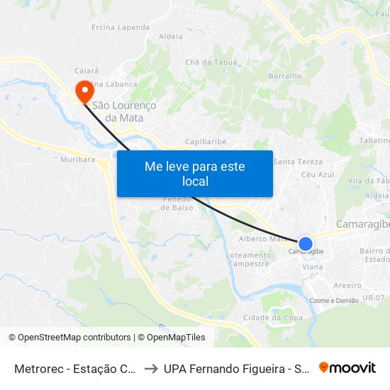 Metrorec - Estação Camaragibe to UPA Fernando Figueira - São Lourenço map