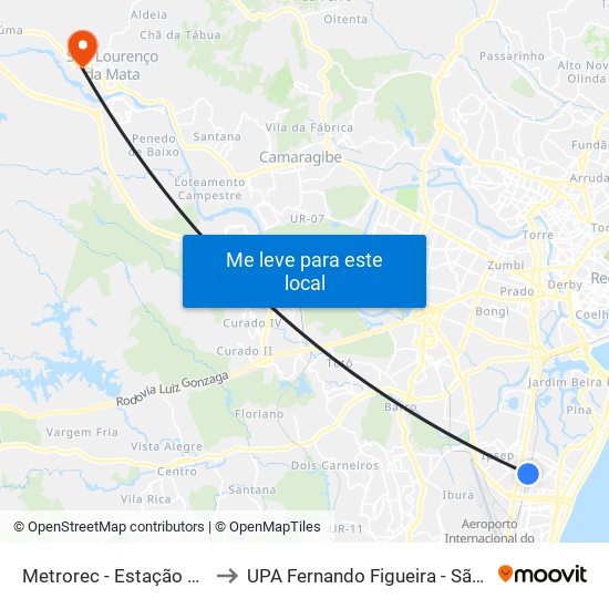 Metrorec - Estação Shopping to UPA Fernando Figueira - São Lourenço map