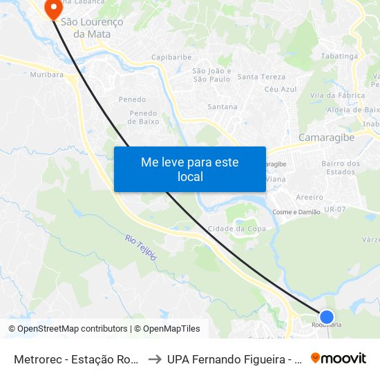 Metrorec - Estação Rodoviária (Tip) to UPA Fernando Figueira - São Lourenço map