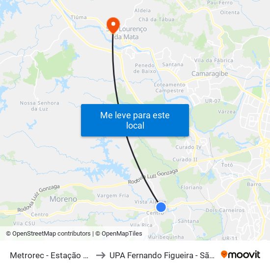 Metrorec - Estação Jaboatão to UPA Fernando Figueira - São Lourenço map