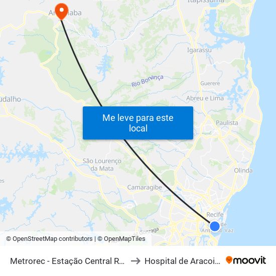 Metrorec - Estação Central Recife to Hospital de Aracoiaba map