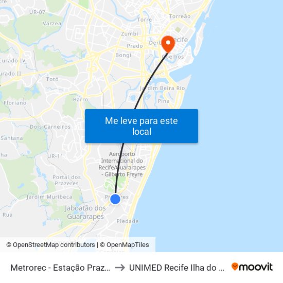 Metrorec - Estação Prazeres to UNIMED Recife Ilha do Leite map