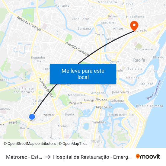 Metrorec - Estação Barro to Hospital da Restauração - Emergencia Clinica. - Verde 1 map