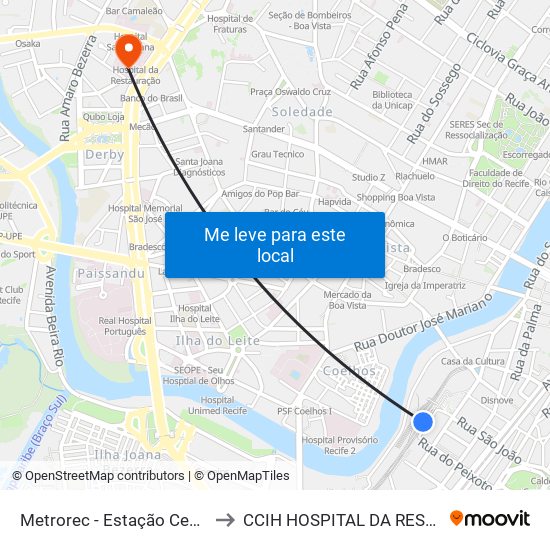 Metrorec - Estação Central Recife to CCIH HOSPITAL DA RESTAURAÇÃO map