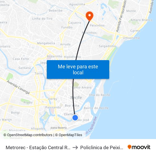 Metrorec - Estação Central Recife to Policlinica de Peixinhos map