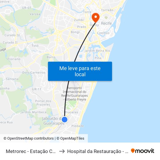 Metrorec - Estação Cajueiro Seco to Hospital da Restauração - Neurocirurgia map