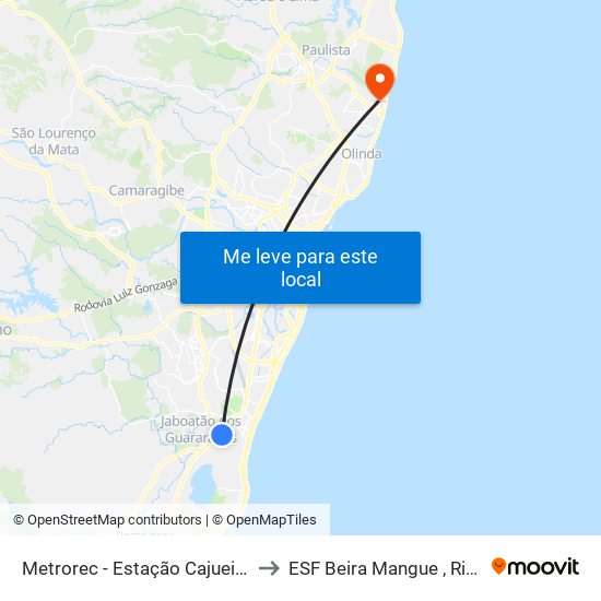 Metrorec - Estação Cajueiro Seco to ESF Beira Mangue , Rio Doce map