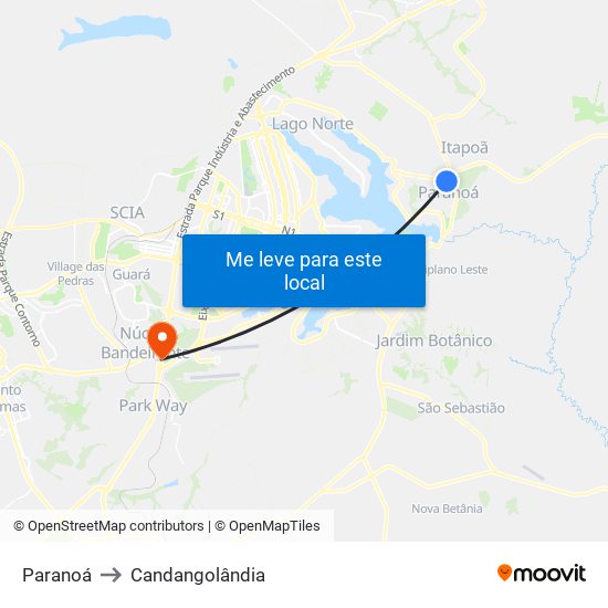 Paranoá to Candangolândia map