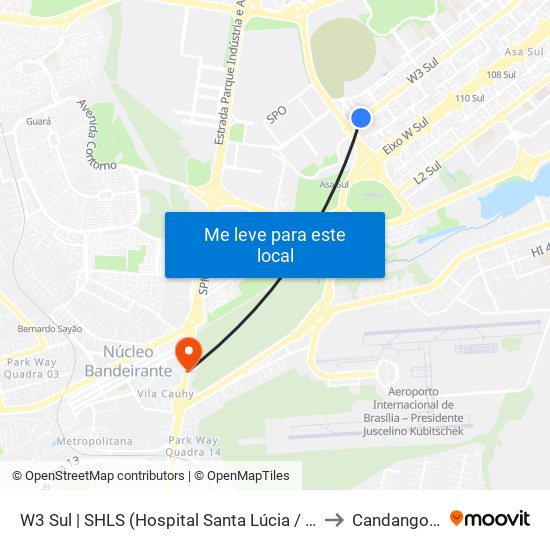 W3 Sul | SHLS (Hospital Santa Lúcia / Pão de Açúcar) to Candangolândia map