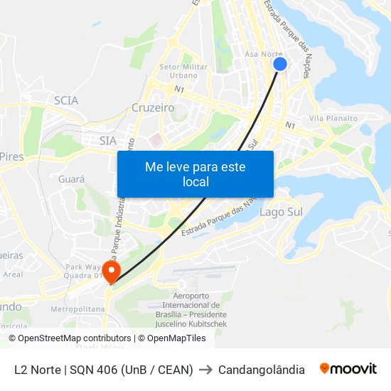 L2 Norte | SQN 406 (UnB / CEAN) to Candangolândia map