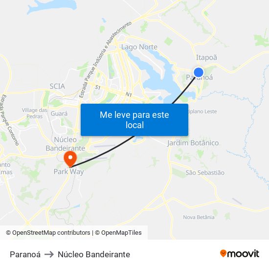 Paranoá to Núcleo Bandeirante map