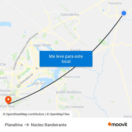 Planaltina to Núcleo Bandeirante map