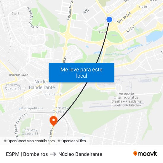 ESPM | Bombeiros to Núcleo Bandeirante map