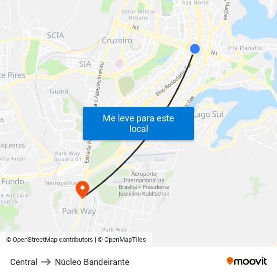 Central to Núcleo Bandeirante map