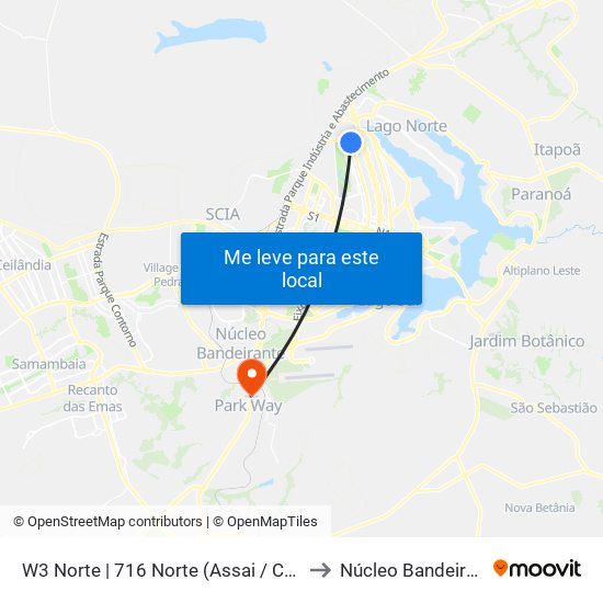 W3 Norte | 716 Norte (Assai / Cobasi) to Núcleo Bandeirante map