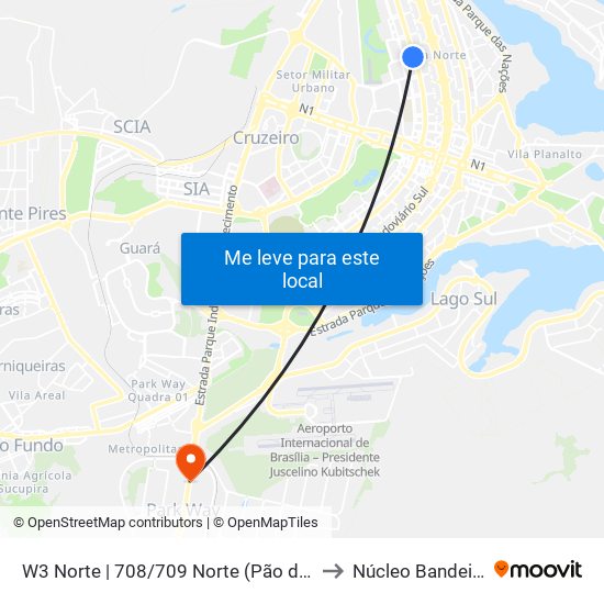 W3 Norte | 708/709 Norte (Pão de Açúcar) to Núcleo Bandeirante map