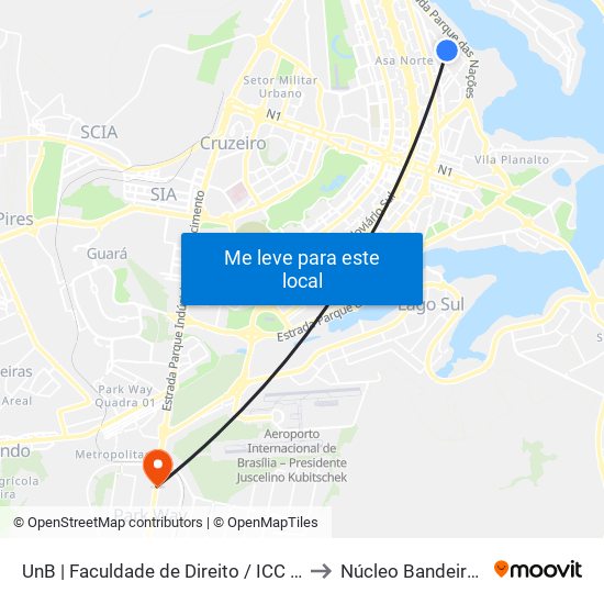 UnB | Faculdade de Direito / ICC Norte to Núcleo Bandeirante map