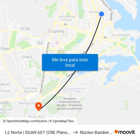 L2 Norte | SGAN 607 (CRE Plano Piloto) to Núcleo Bandeirante map