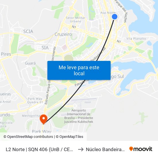 L2 Norte | SQN 406 (UnB / CEAN) to Núcleo Bandeirante map