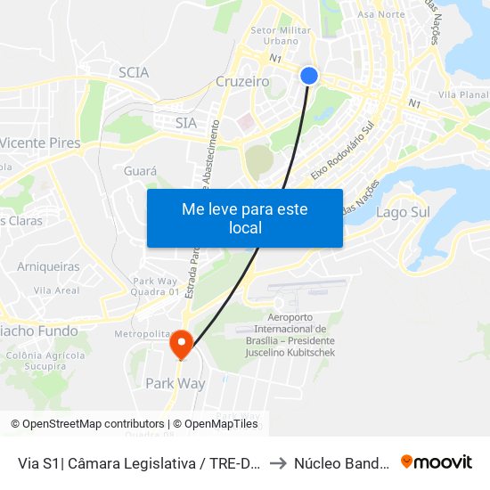 Via S1| Câmara Legislativa / TRE-DF / CLUBE FM to Núcleo Bandeirante map