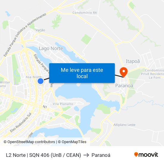 L2 Norte | SQN 406 (UnB / CEAN) to Paranoá map