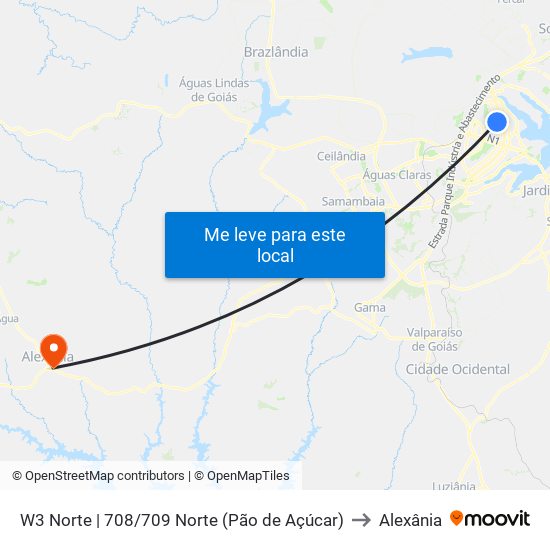 W3 Norte | 708/709 Norte (Pão de Açúcar) to Alexânia map