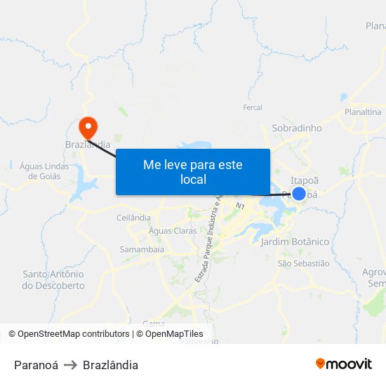 Paranoá to Brazlândia map