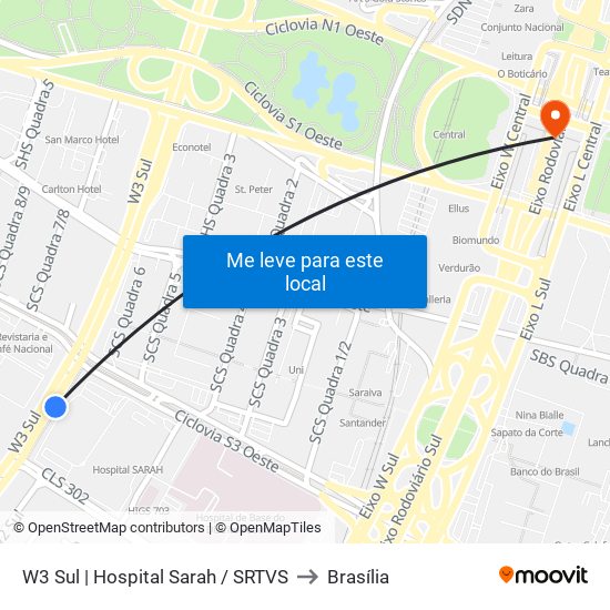 W3 Sul | Hospital SARAH Centro / SRTVS to Brasília map