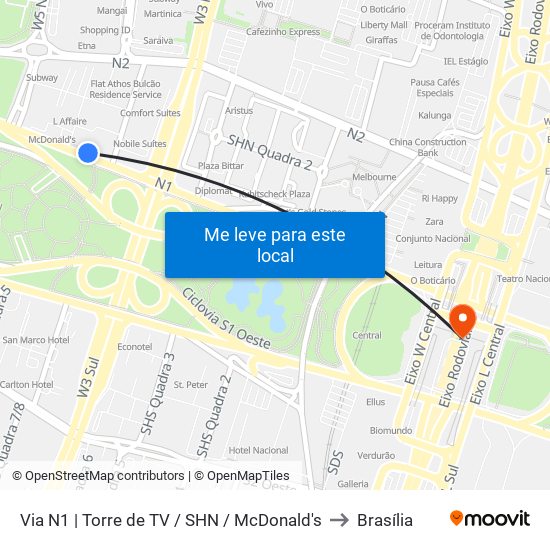 Via N1 | Torre de TV / SHN / McDonald's to Brasília map