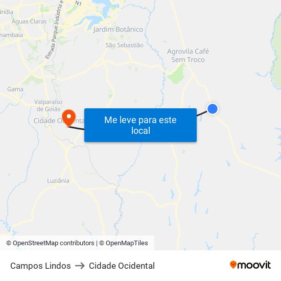 Campos Lindos to Cidade Ocidental map