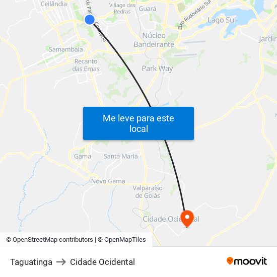 Taguatinga to Cidade Ocidental map