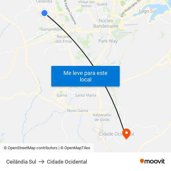 Ceilândia Sul to Cidade Ocidental map