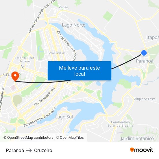 Paranoá to Cruzeiro map