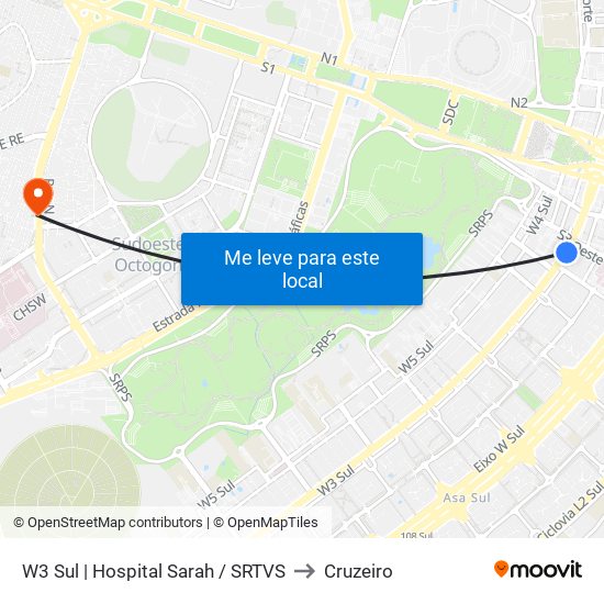 W3 Sul | Hospital Sarah / SRTVS to Cruzeiro map