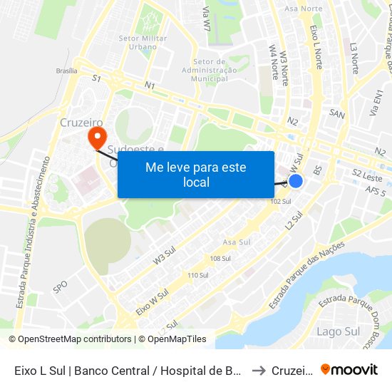 Eixo L Sul | Banco Central / Hospital de Base to Cruzeiro map