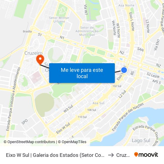 Eixo W Sul | Galeria dos Estados (Setor Comercial Sul) to Cruzeiro map