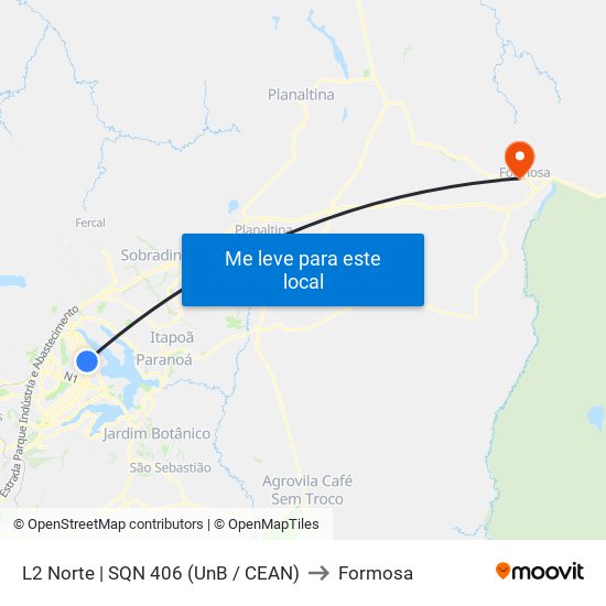 L2 Norte | SQN 406 (UnB / CEAN) to Formosa map