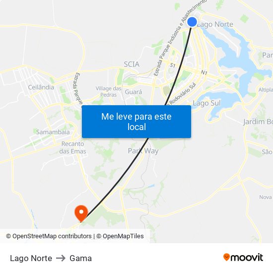 Lago Norte to Gama map