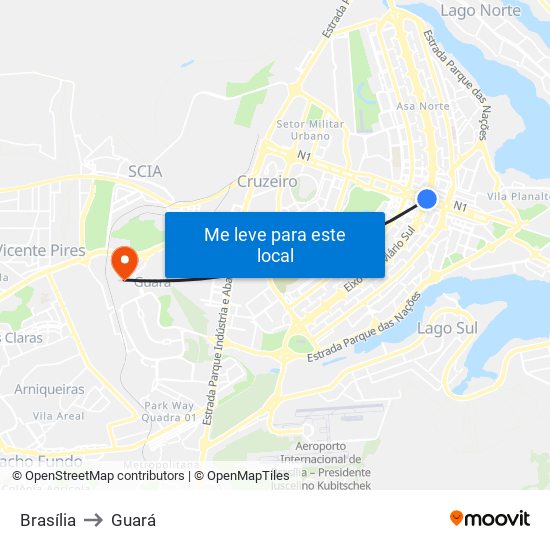Brasília to Guará map