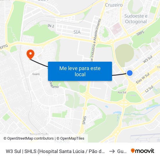 W3 Sul | SHLS (Hospital Santa Lúcia / Pão de Açúcar) to Guará map