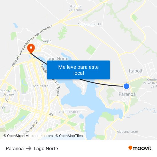 Paranoá to Lago Norte map