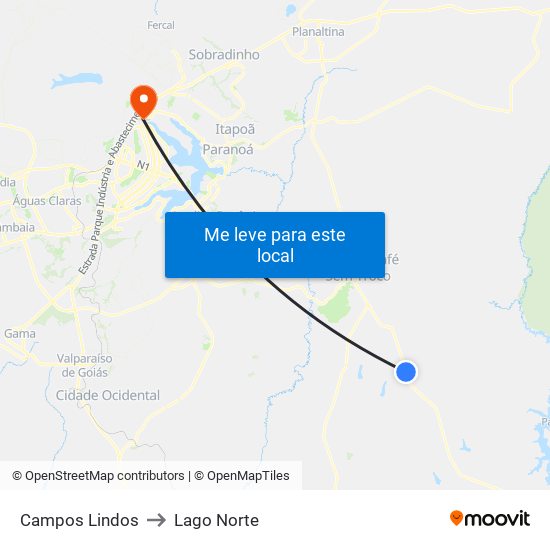 Campos Lindos to Lago Norte map